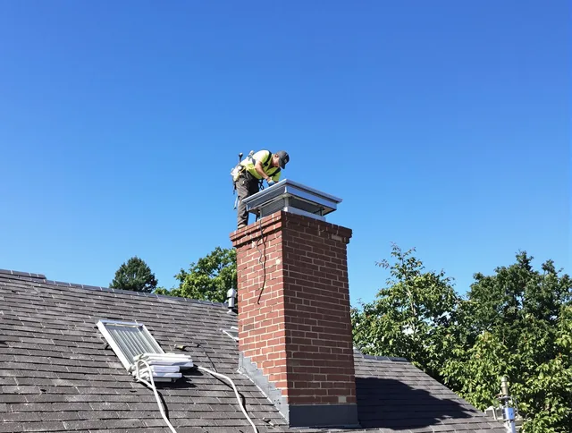 Avon Lake Chimney Sweep technician measuring a chimney cap in Avon Lake, OH